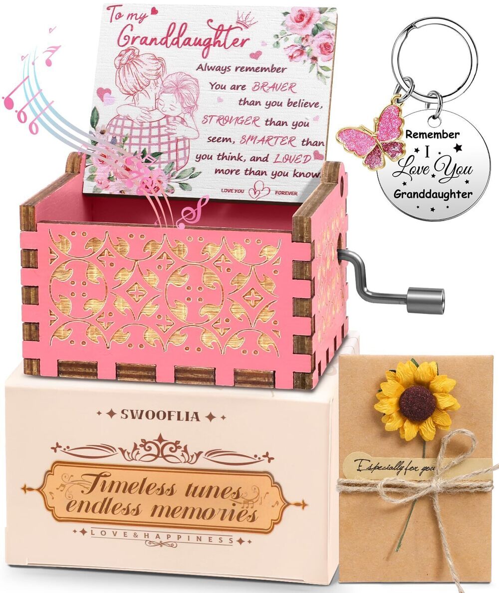 9473 Mother's Day Wooden Music Box for Granddaughter - Hand Crank Engraved